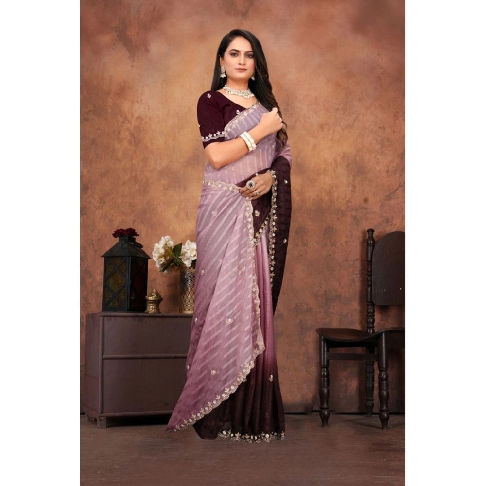 Women's Chiffon Embroidred Saree With Unstitched Blouse 5.5Mtr (Beige) - Image 4