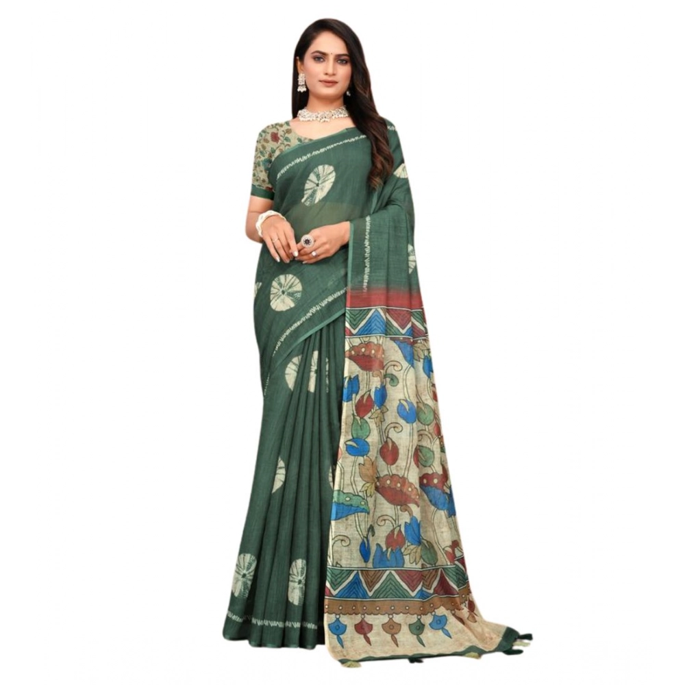 Women's Linen Printed Saree With Unstitched Blouse 5.5Mtr (Dark Green) - Image 5