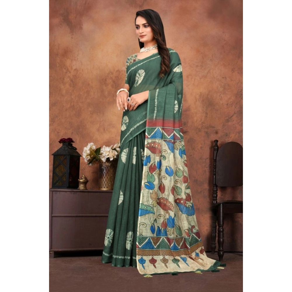 Women's Linen Printed Saree With Unstitched Blouse 5.5Mtr (Dark Green) - Image 2