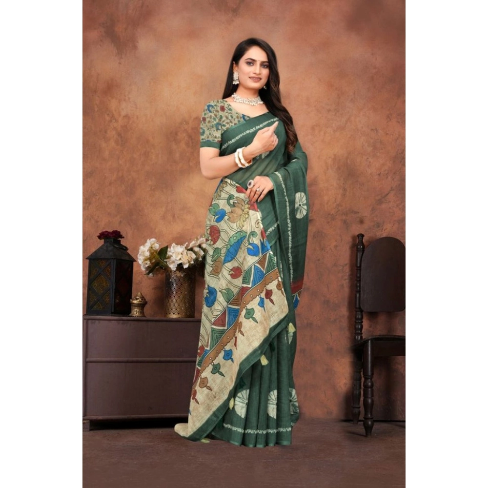 Women's Linen Printed Saree With Unstitched Blouse 5.5Mtr (Dark Green) - Image 3