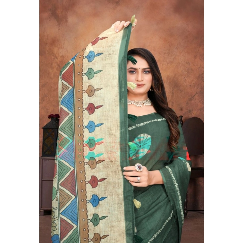 Women's Linen Printed Saree With Unstitched Blouse 5.5Mtr (Dark Green) - Image 4