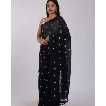Women's Linen Printed Saree With Unstitched Blouse 5.5Mtr (Black)