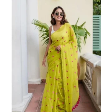 Women's Linen Printed Saree With Unstitched Blouse 5.5Mtr (Light Green)