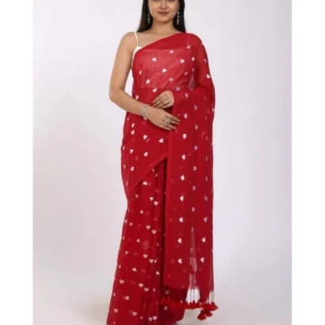 Women's Linen Printed Saree With Unstitched Blouse 5.5Mtr (Red)