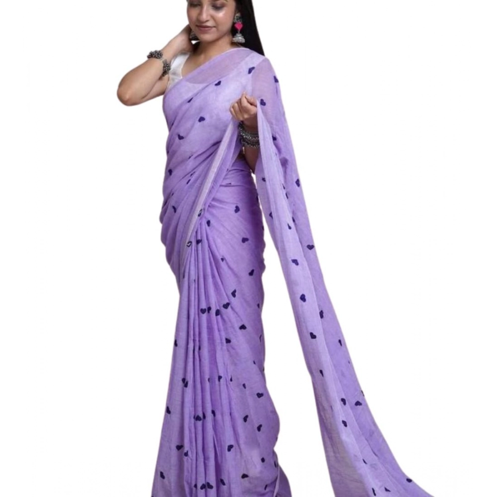 Women's Linen Printed Saree With Unstitched Blouse 5.5Mtr (Purple) - Image 2