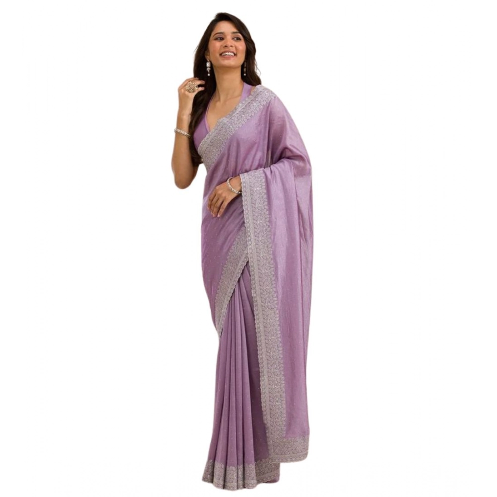 Women's Silk Embroidred Saree With Unstitched Blouse 5.5Mtr (Purple) - Image 5