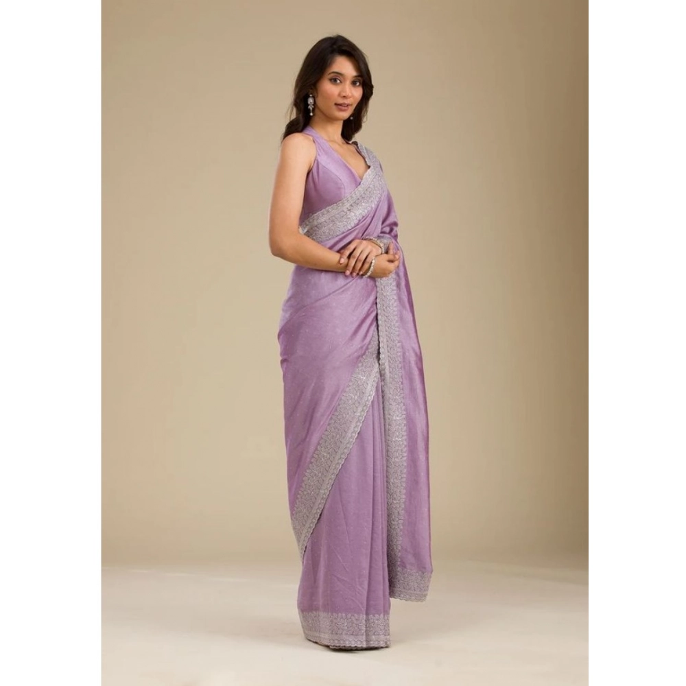 Women's Silk Embroidred Saree With Unstitched Blouse 5.5Mtr (Purple) - Image 2
