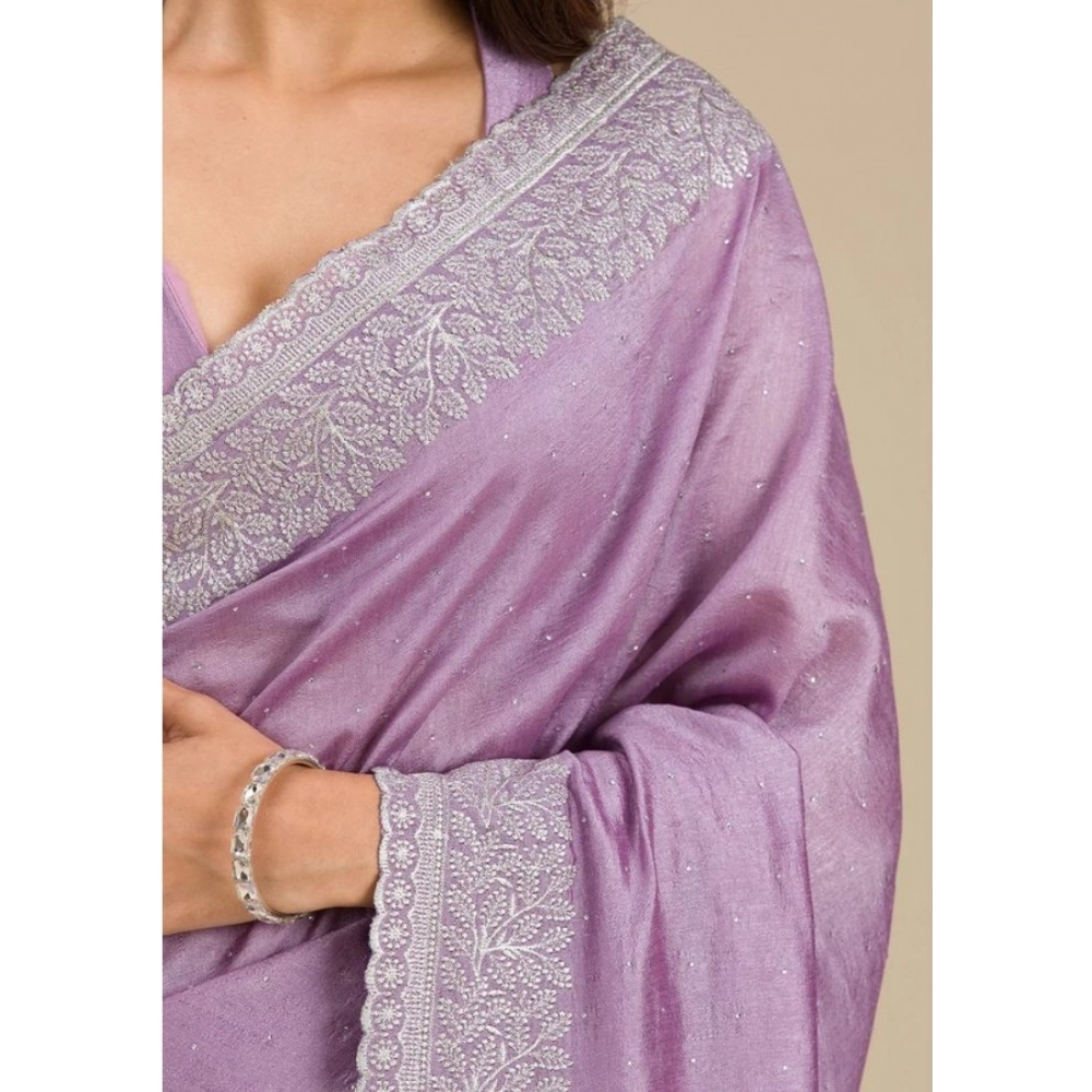 Women's Silk Embroidred Saree With Unstitched Blouse 5.5Mtr (Purple) - Image 3