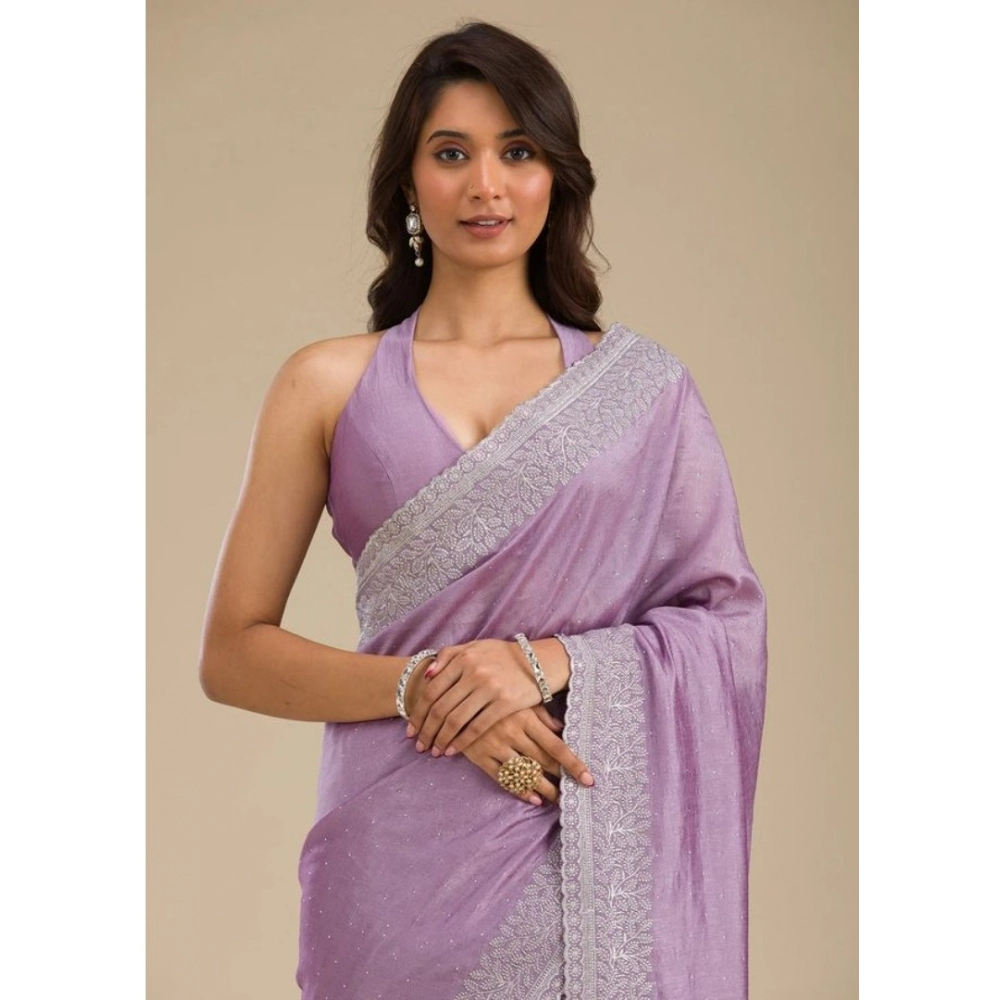 Women's Silk Embroidred Saree With Unstitched Blouse 5.5Mtr (Purple) - Image 4