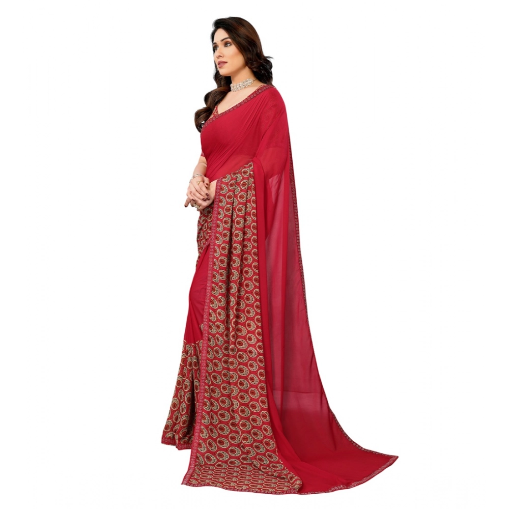Women's Georgette Printed Saree With Unstitched Blouse 5.5Mtr (Red) - Image 2