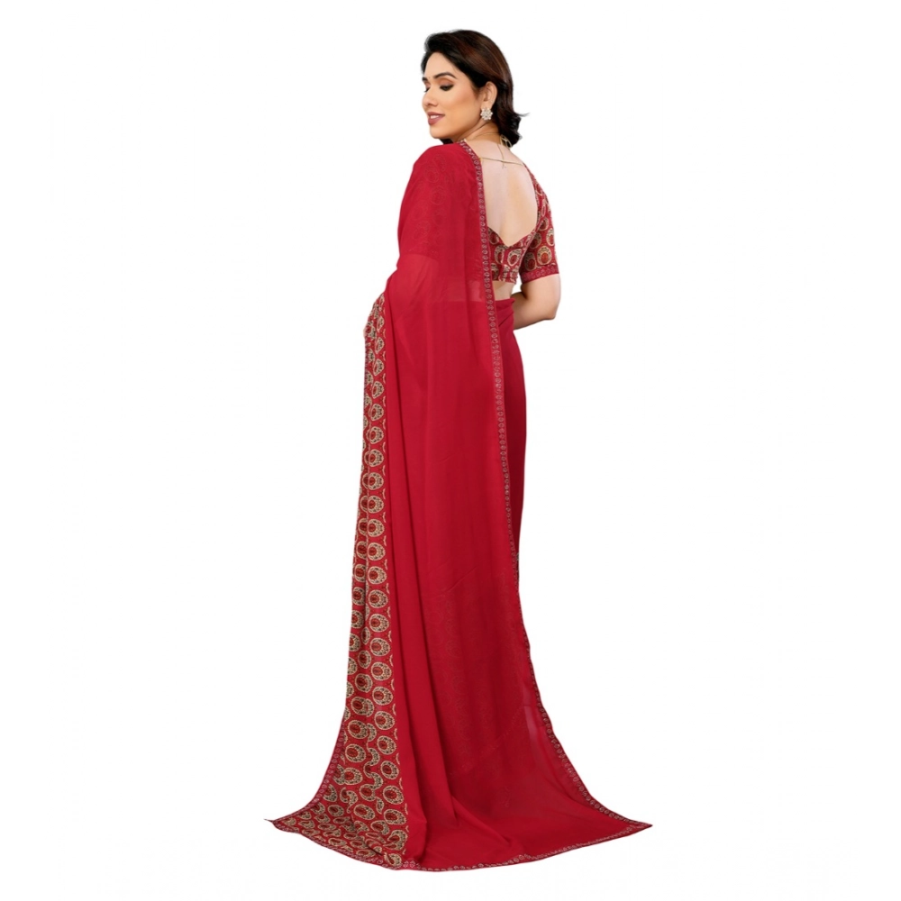 Women's Georgette Printed Saree With Unstitched Blouse 5.5Mtr (Red) - Image 3