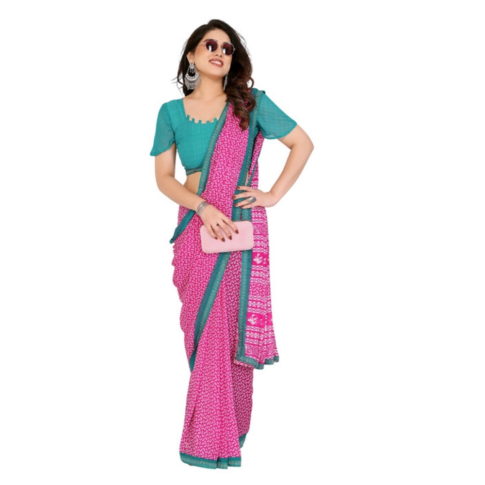 Women's Georgette Printed Saree With Unstitched Blouse 5.5Mtr (Pink) - Image 4