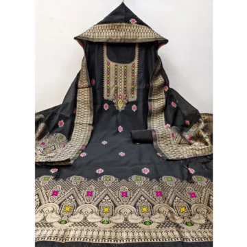 Women's Banarasi Silk Printed Unstitched Salwar Suit Material With Dupatta (Black, 3Mtrs)
