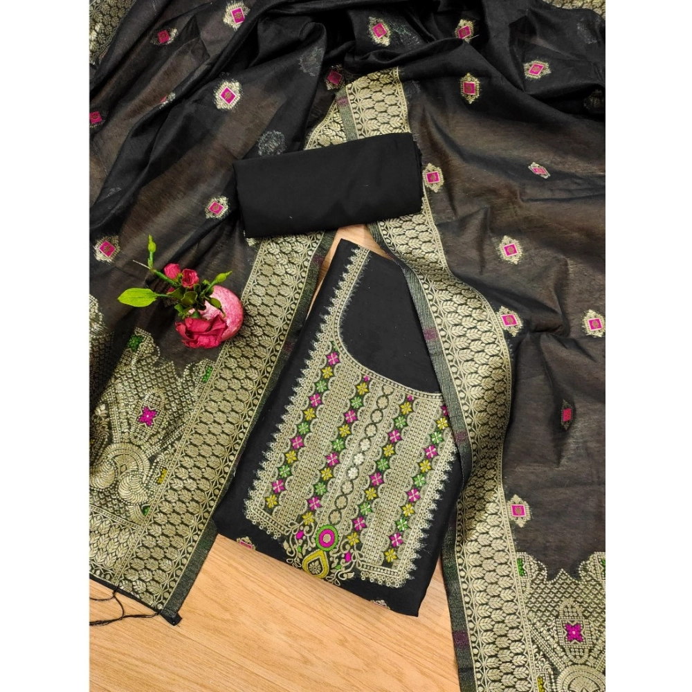 Women's Banarasi Silk Printed Unstitched Salwar Suit Material With Dupatta (Black, 3Mtrs) - Image 4