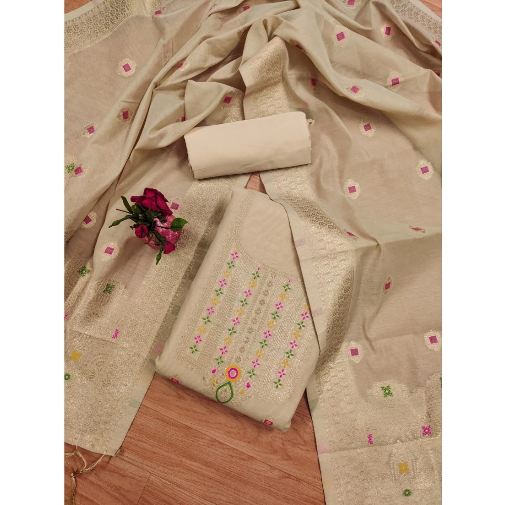 Women's Banarasi Silk Printed Unstitched Salwar Suit Material With Dupatta (Cream, 3Mtrs) - Image 2
