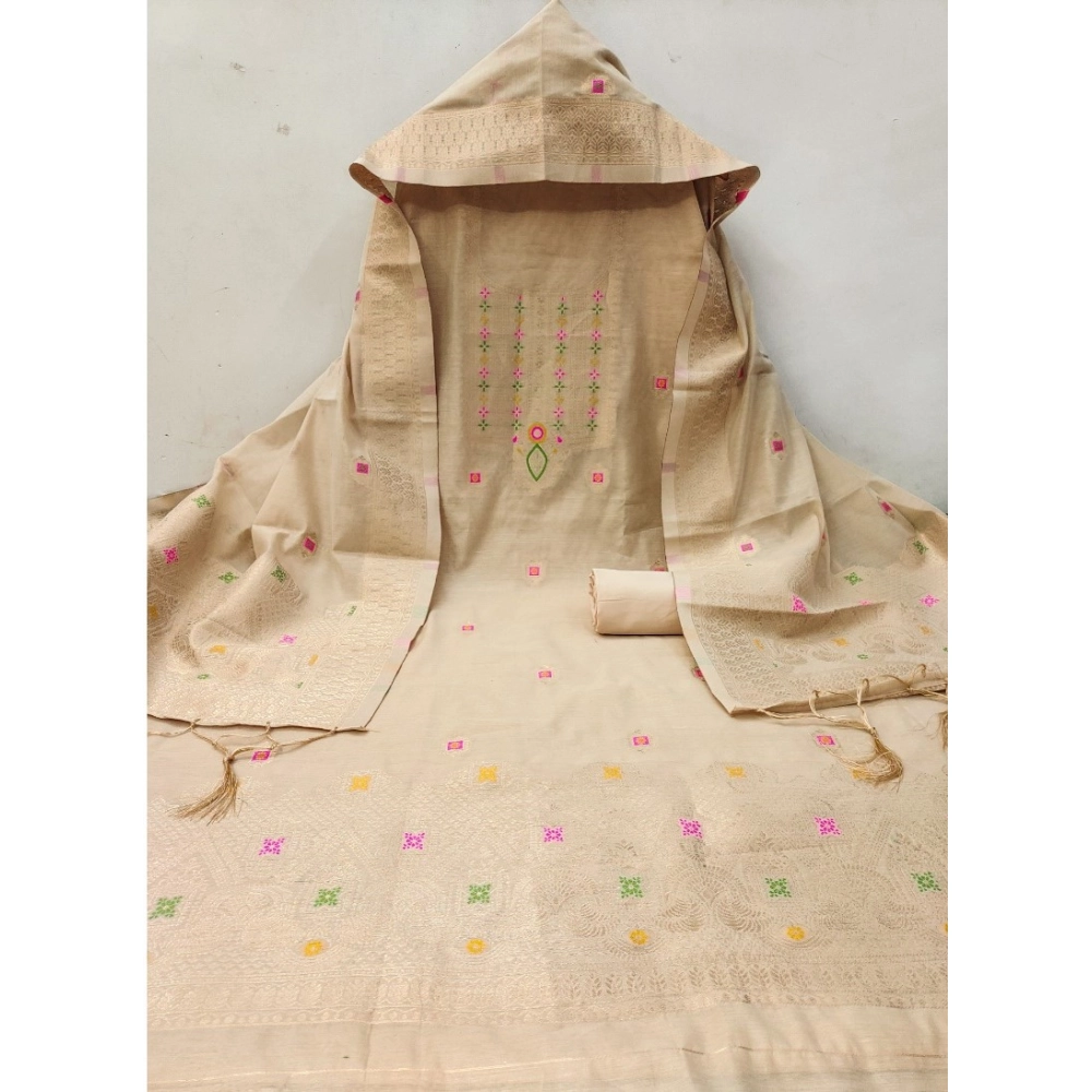 Women's Banarasi Silk Printed Unstitched Salwar Suit Material With Dupatta (Cream, 3Mtrs) - Image 3