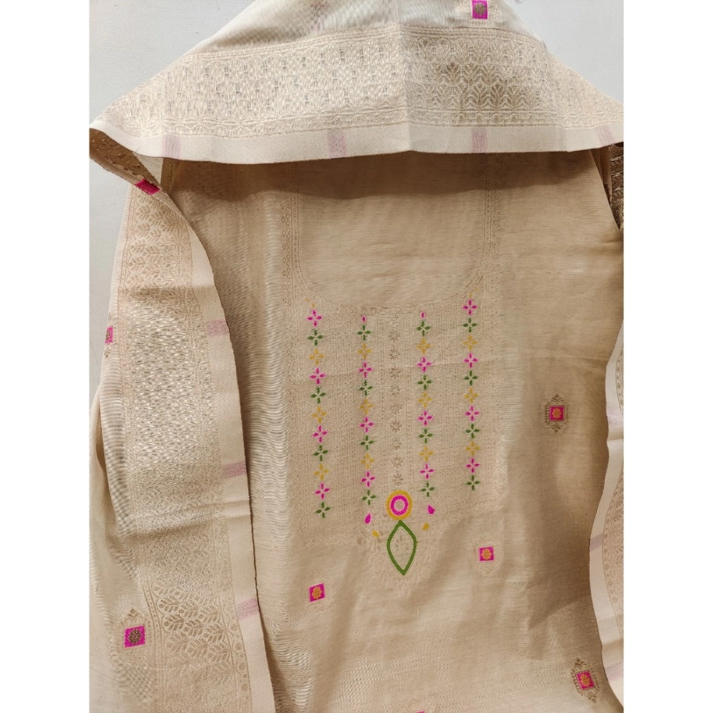 Women's Banarasi Silk Printed Unstitched Salwar Suit Material With Dupatta (Cream, 3Mtrs) - Image 4