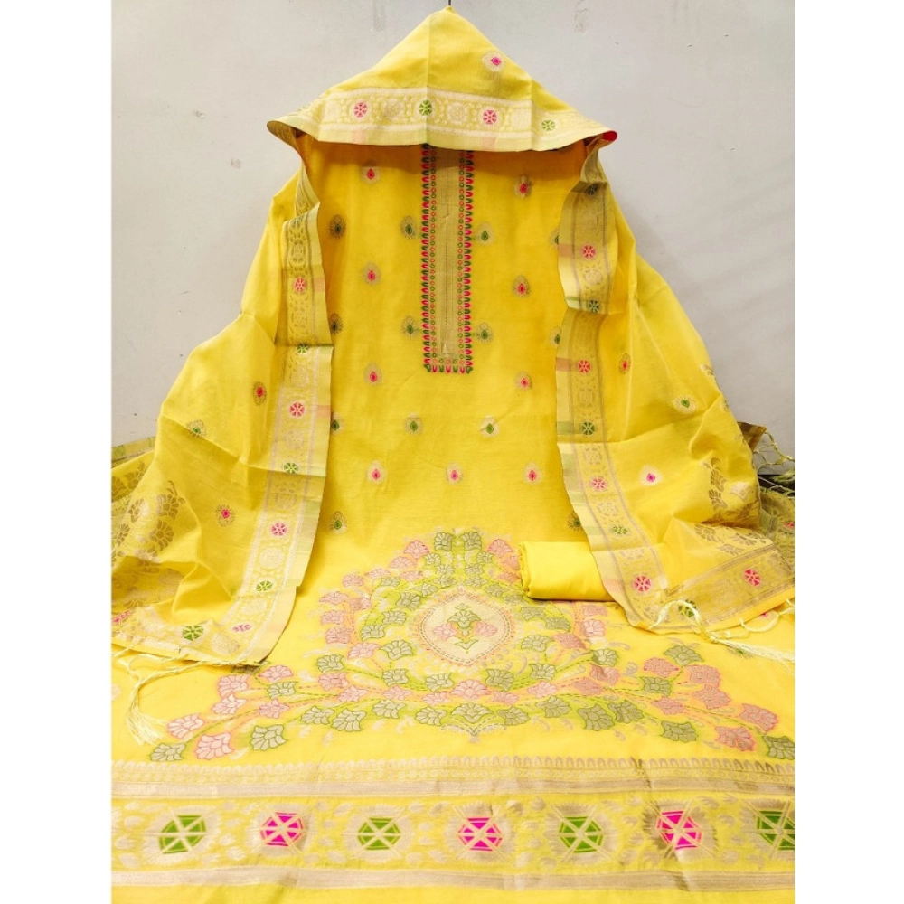 Women's Banarasi Silk Printed Unstitched Salwar Suit Material With Dupatta (Yellow, 3Mtrs) - Image 2