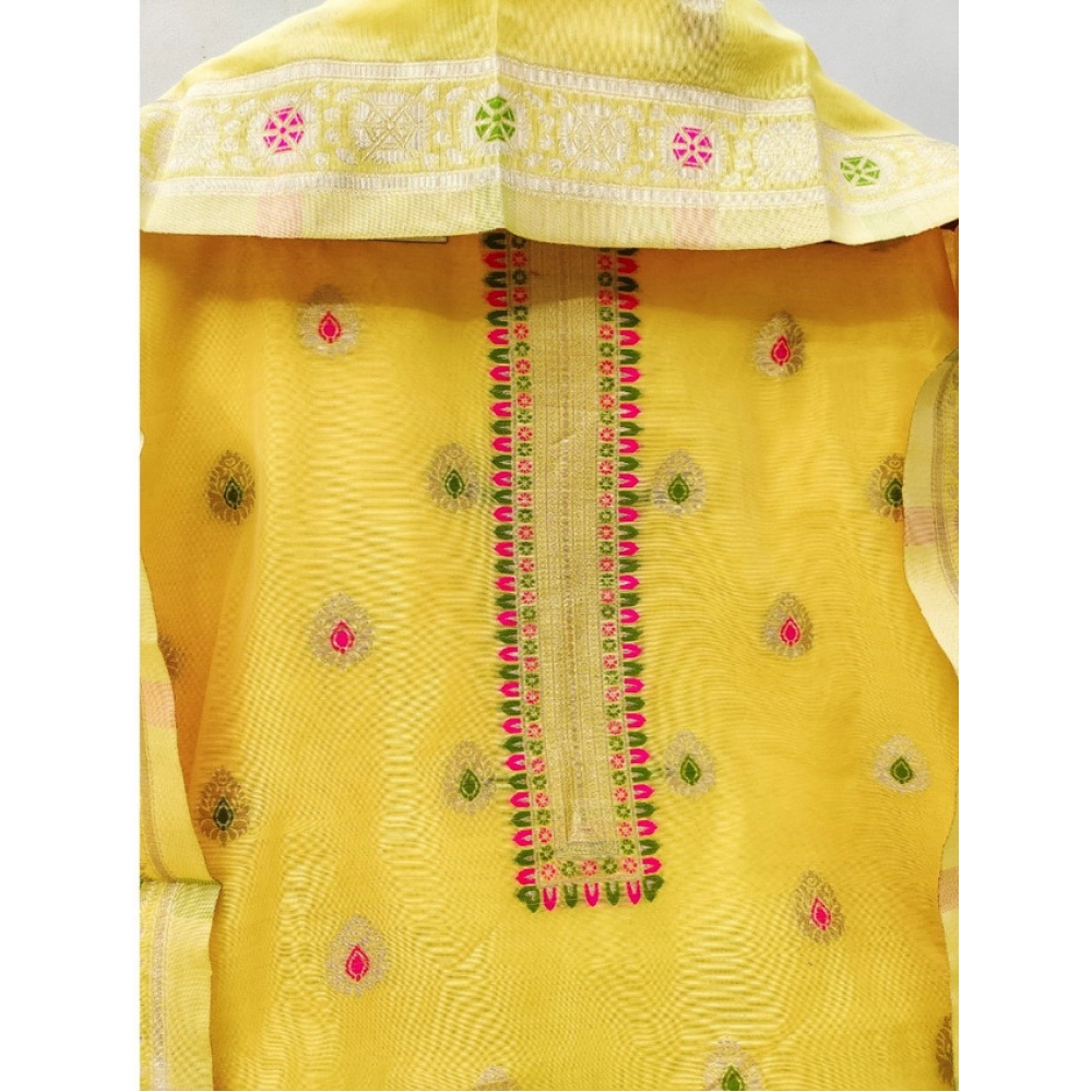 Women's Banarasi Silk Printed Unstitched Salwar Suit Material With Dupatta (Yellow, 3Mtrs) - Image 4