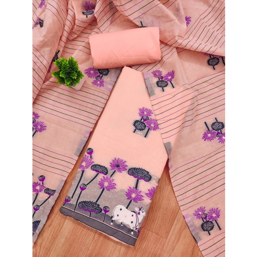 Women's Banarasi Silk Printed Unstitched Salwar Suit Material With Dupatta (Peach, 3Mtrs) - Image 2