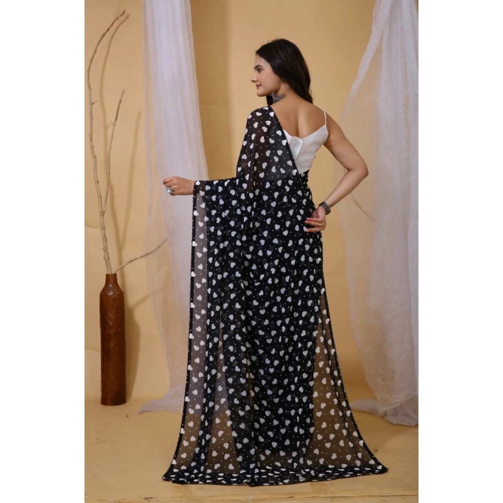 Women's Georgette Printed Saree With Unstitched Blouse 5.5Mtr (Black) - Image 2