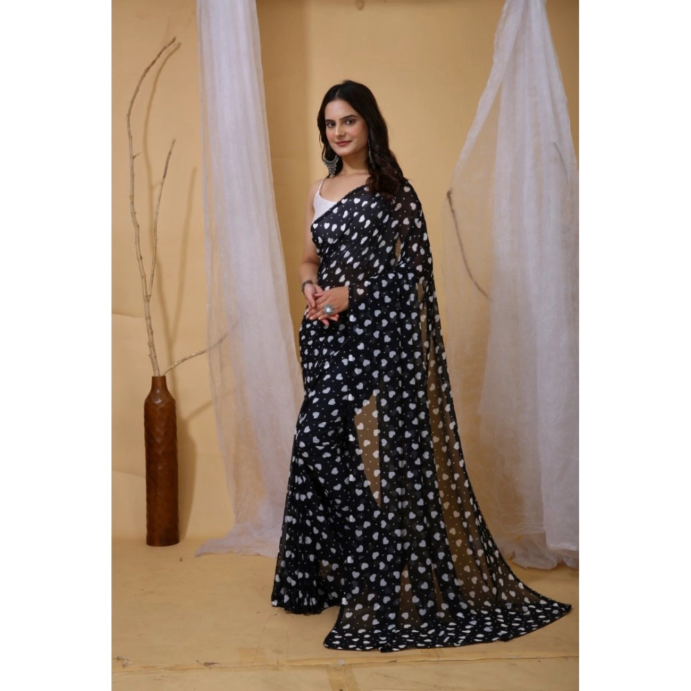 Women's Georgette Printed Saree With Unstitched Blouse 5.5Mtr (Black) - Image 3