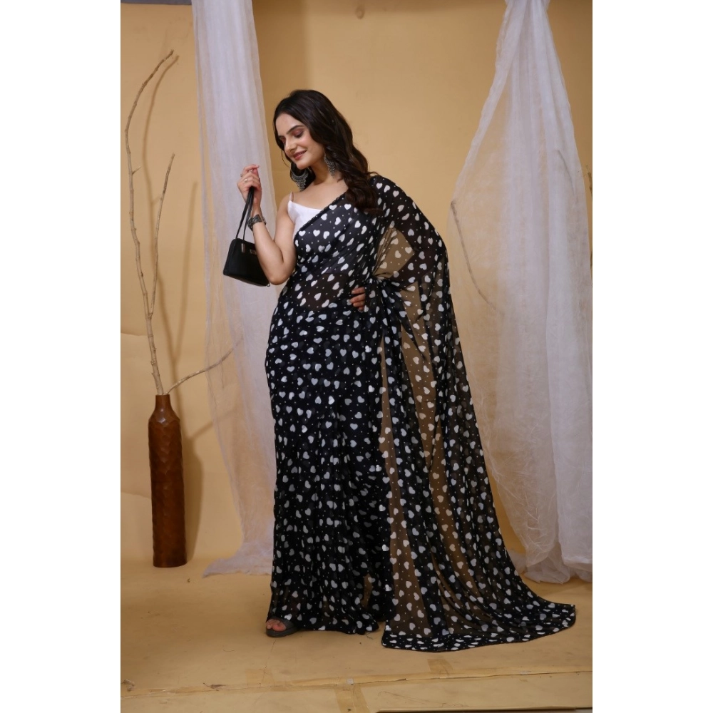 Women's Georgette Printed Saree With Unstitched Blouse 5.5Mtr (Black) - Image 4