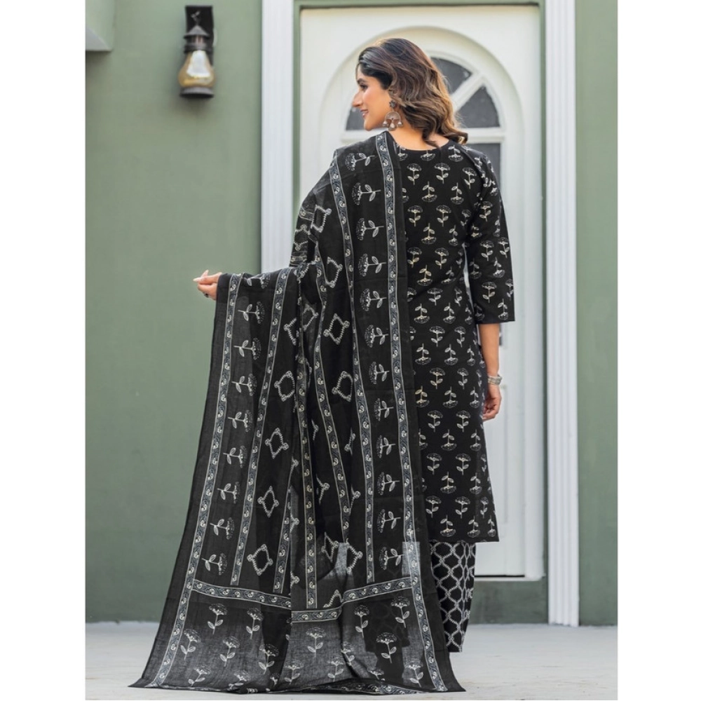 Women's Cotton Blend Printed Kurti With Pant Dupatta Set (Black) - Image 2
