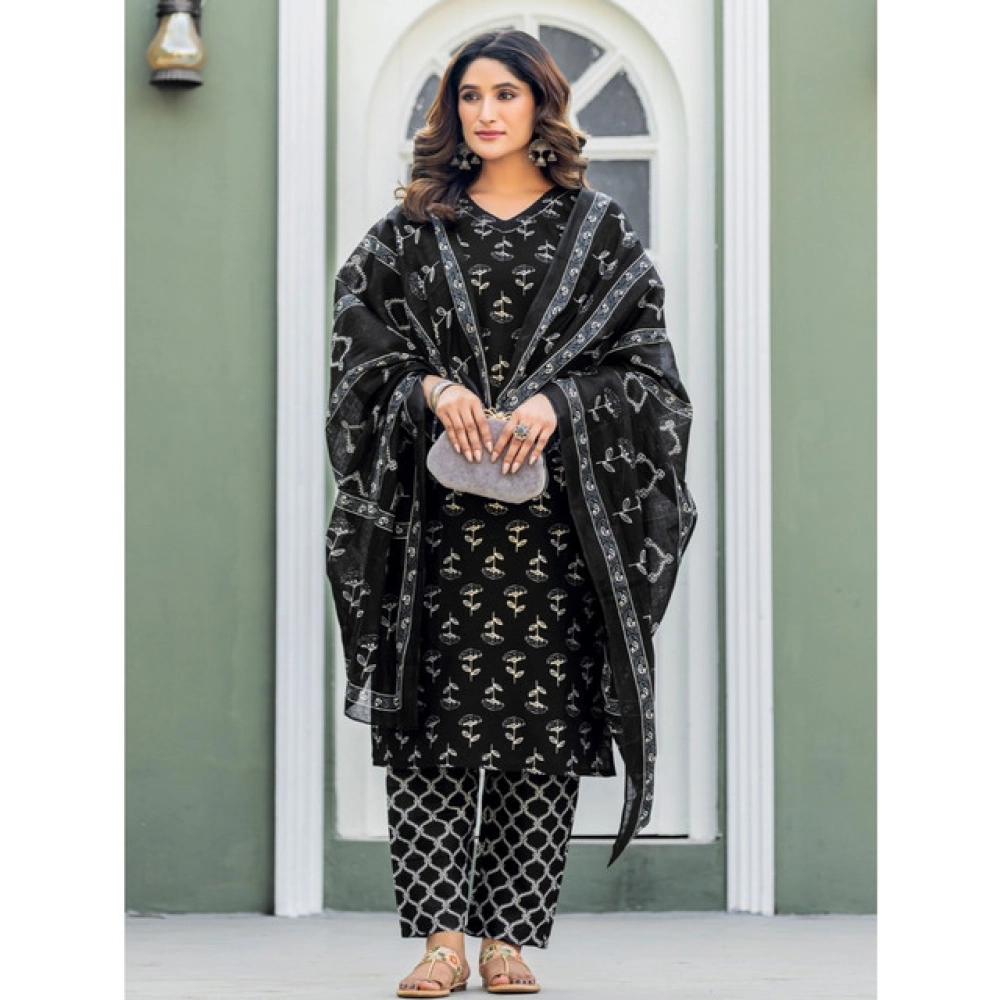 Women's Cotton Blend Printed Kurti With Pant Dupatta Set (Black) - Image 3
