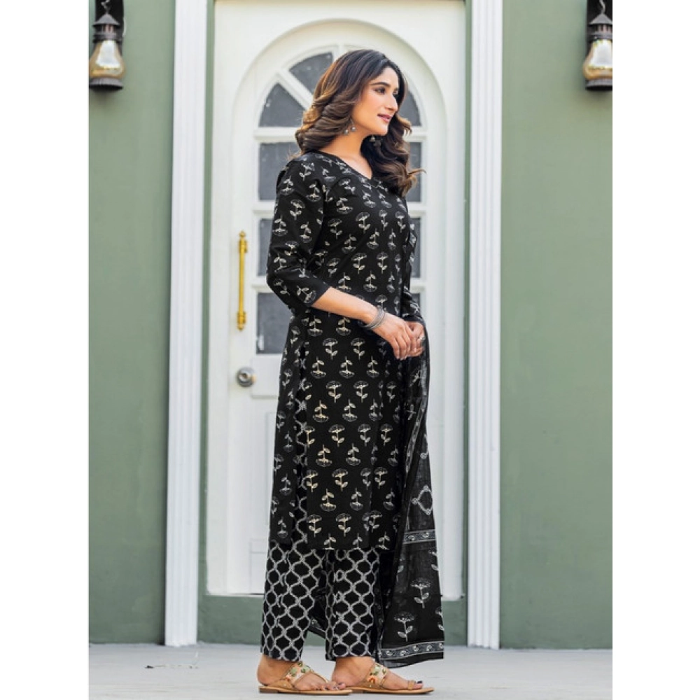 Women's Cotton Blend Printed Kurti With Pant Dupatta Set (Black) - Image 4