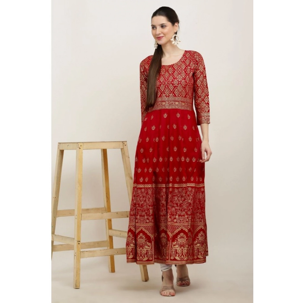 Women's Casual Rayon 3-4th Sleeves Anarkali Kurti (Red) - Image 2
