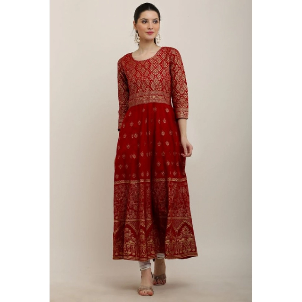 Women's Casual Rayon 3-4th Sleeves Anarkali Kurti (Red) - Image 3