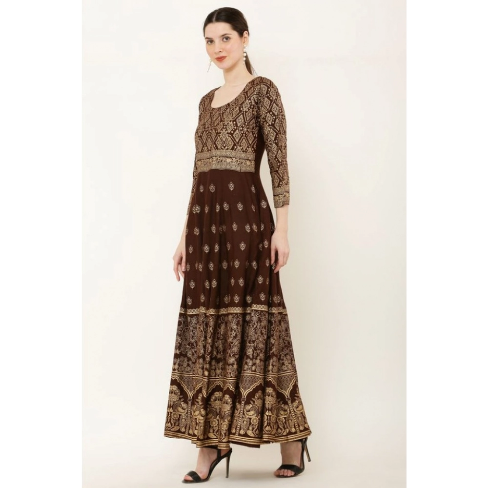 Women's Casual Rayon 3-4th Sleeves Anarkali Kurti (Brown) - Image 2