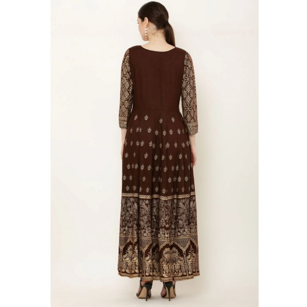 Women's Casual Rayon 3-4th Sleeves Anarkali Kurti (Brown) - Image 3