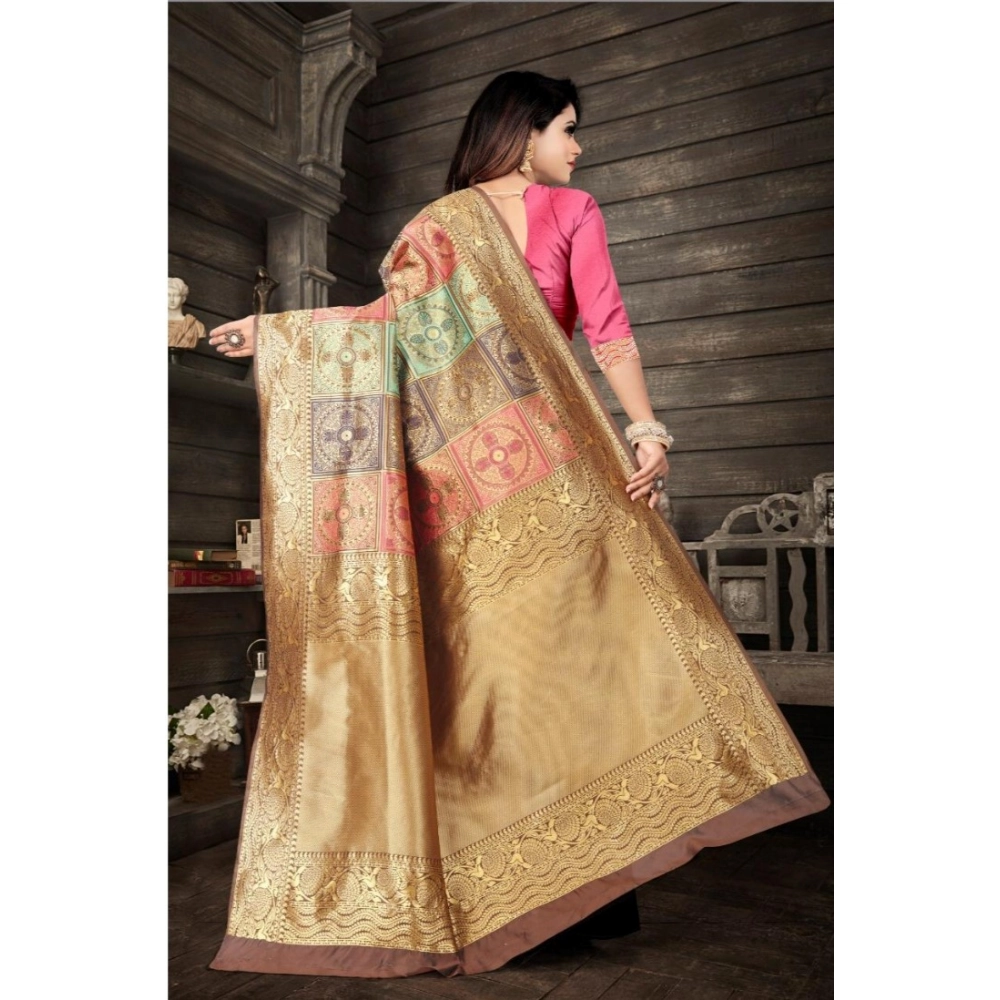 Women's Soft Lichi Silk Printed Saree With Unstitched Blouse 5.5Mtr (Gold) - Image 2