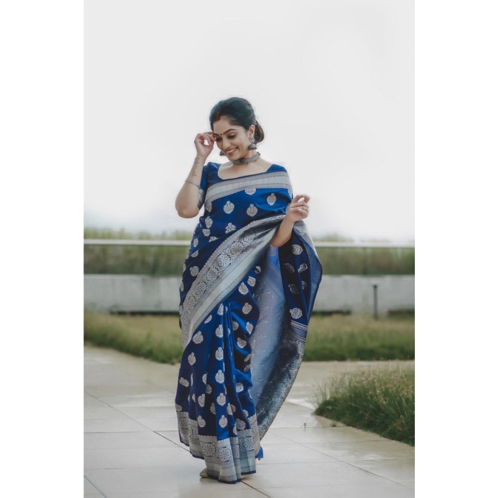 Women's Soft Lichi Silk Printed Saree With Unstitched Blouse 5.5Mtr (Blue) - Image 2