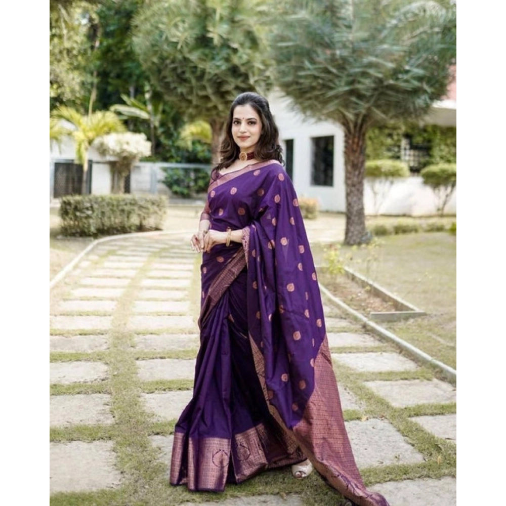 Women's Soft Lichi Silk Printed Saree With Unstitched Blouse 5.5Mtr (Blue) - Image 2