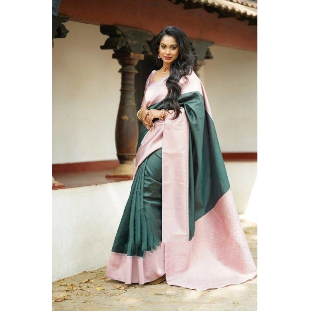 Women's Soft Lichi Silk Printed Saree With Unstitched Blouse 5.5Mtr (Green) - Image 2