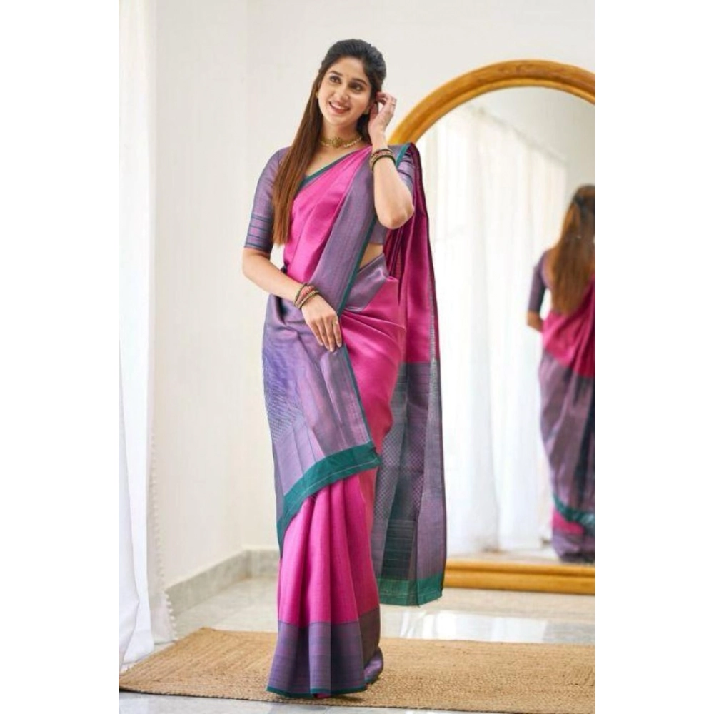 Women's Soft Lichi Silk Printed Saree With Unstitched Blouse 5.5Mtr (Pink) - Image 2