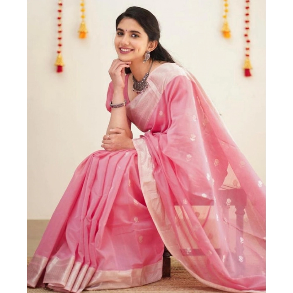 Women's Soft Lichi Silk Printed Saree With Unstitched Blouse 5.5Mtr (Pink) - Image 2