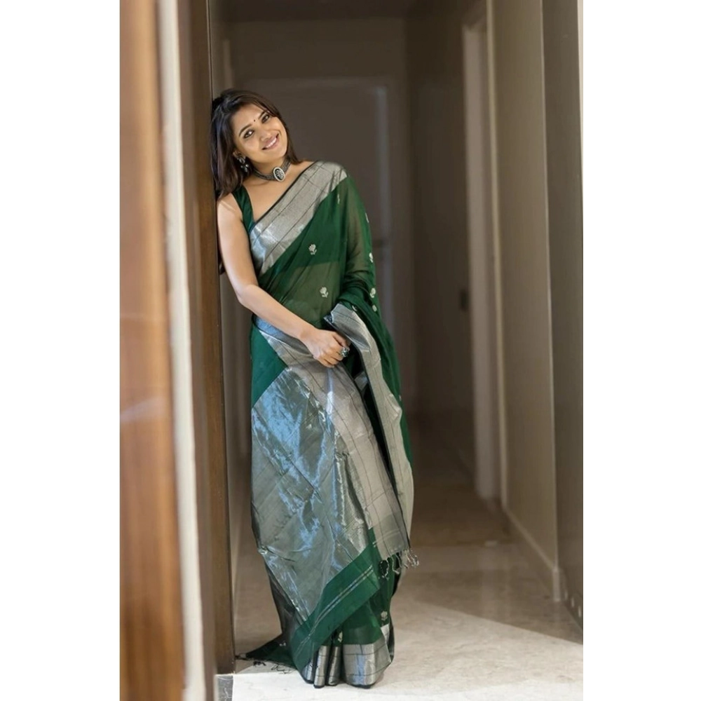 Women's Soft Lichi Silk Printed Saree With Unstitched Blouse 5.5Mtr (Green) - Image 2