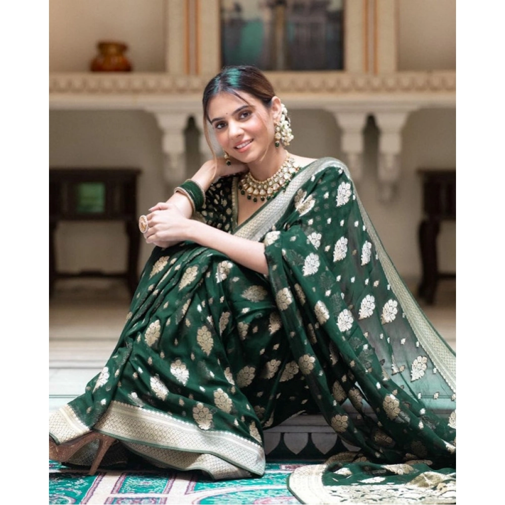 Women's Soft Lichi Silk Printed Saree With Unstitched Blouse 5.5Mtr (Green) - Image 2