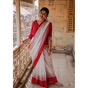 Women's Soft Lilan Printed Saree With Unstitched Blouse 5.5Mtr (White)