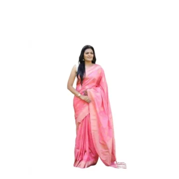 Women's Soft Lichi Silk Printed Saree With Unstitched Blouse 5.5Mtr (Pink)