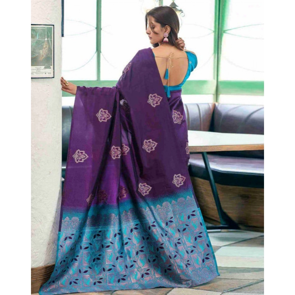 Women's Soft Lichi Silk Printed Saree With Unstitched Blouse 5.5Mtr (Blue) - Image 2