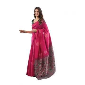 Women's Soft Lichi Silk Printed Saree With Unstitched Blouse 5.5Mtr (Pink)