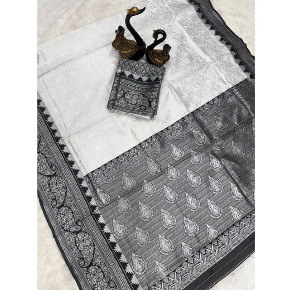 Women's Soft Lichi Silk Printed Saree With Unstitched Blouse 5.5Mtr (Off-White) - Image 2