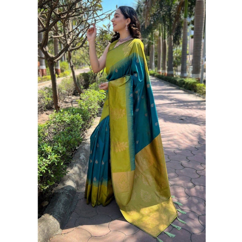 Women's Soft Lichi Silk Printed Saree With Unstitched Blouse 5.5Mtr (Green) - Image 2