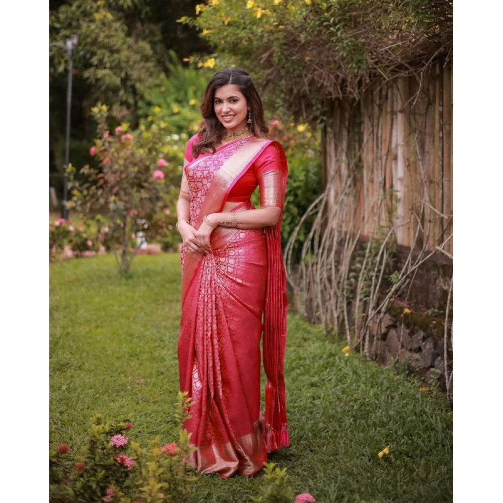 Women's Soft Lichi Silk Printed Saree With Unstitched Blouse 5.5Mtr (Pink) - Image 2