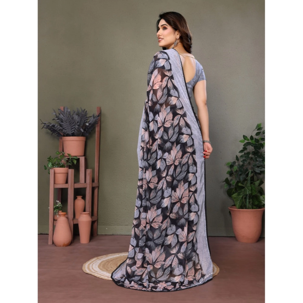 Women's Chiffon Printed Saree With Unstitched Blouse 5.5Mtr (Grey) - Image 2
